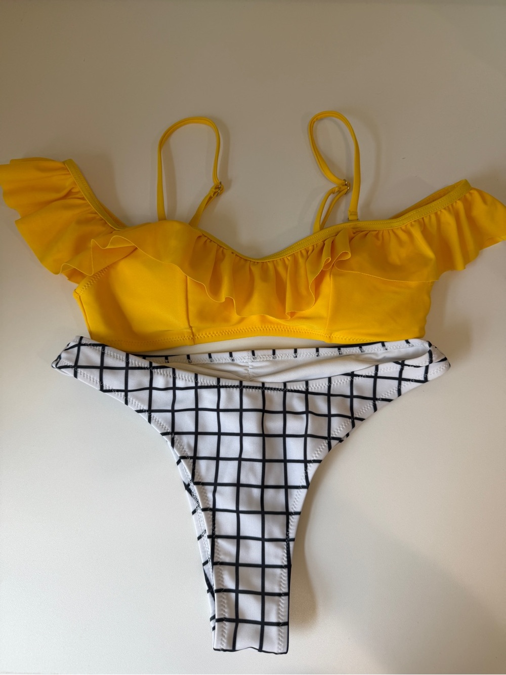 Cupshe Yellow Ruffle Bikini Top with Black & White Grid Bikini Bottom